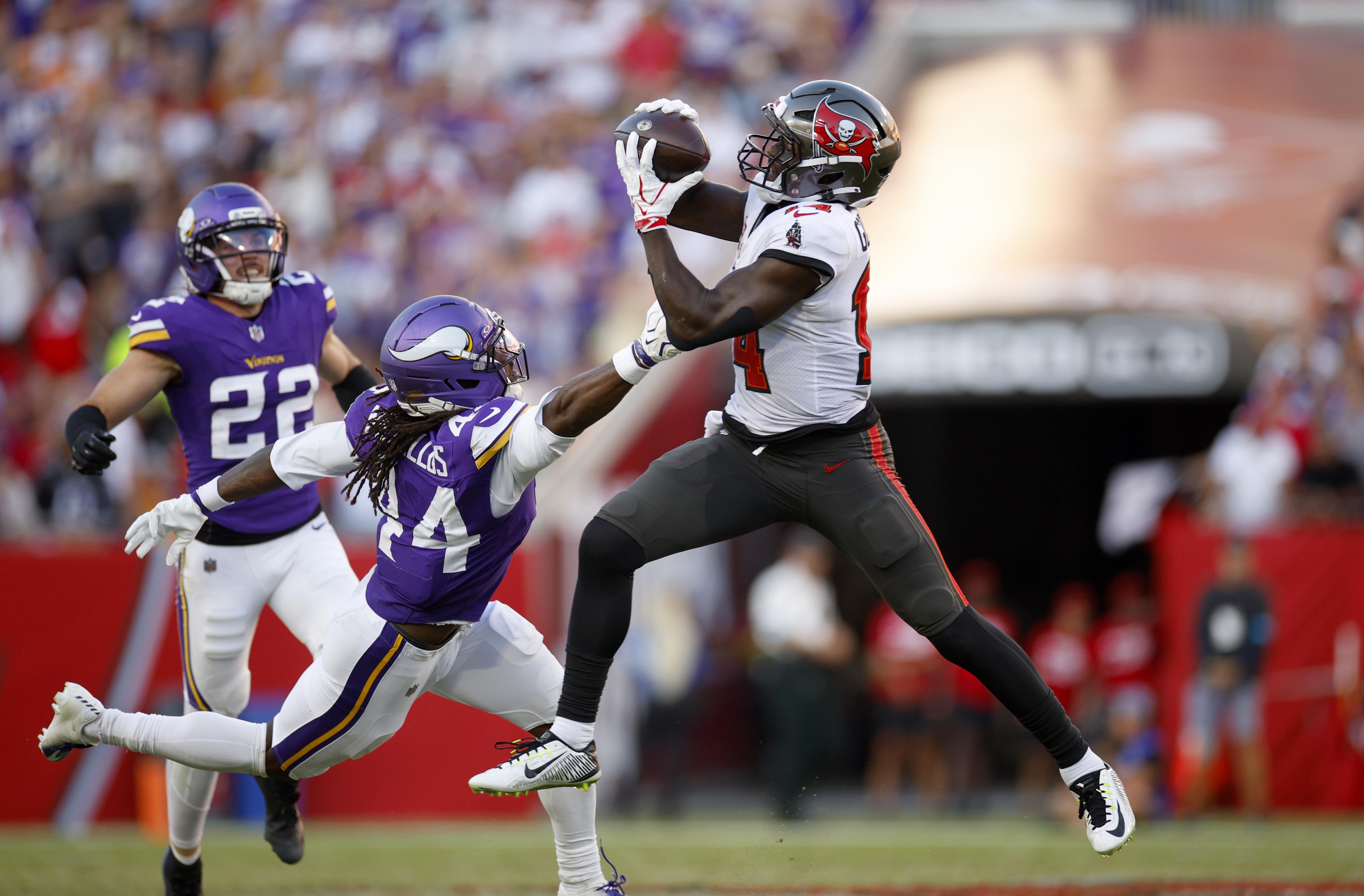 Recebedor do Tampa Bay Buccaneers disputa uma recepção com a defesa do Minnesota Vikings.