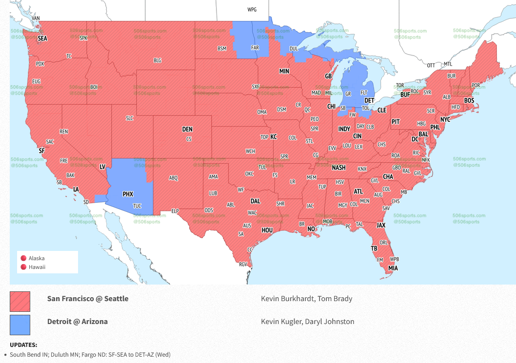 Mapa da cobertura regional da FOX nos Estados Unidos: 49ers x Seahawks em vermelho; Lions x Cardinals em azul.