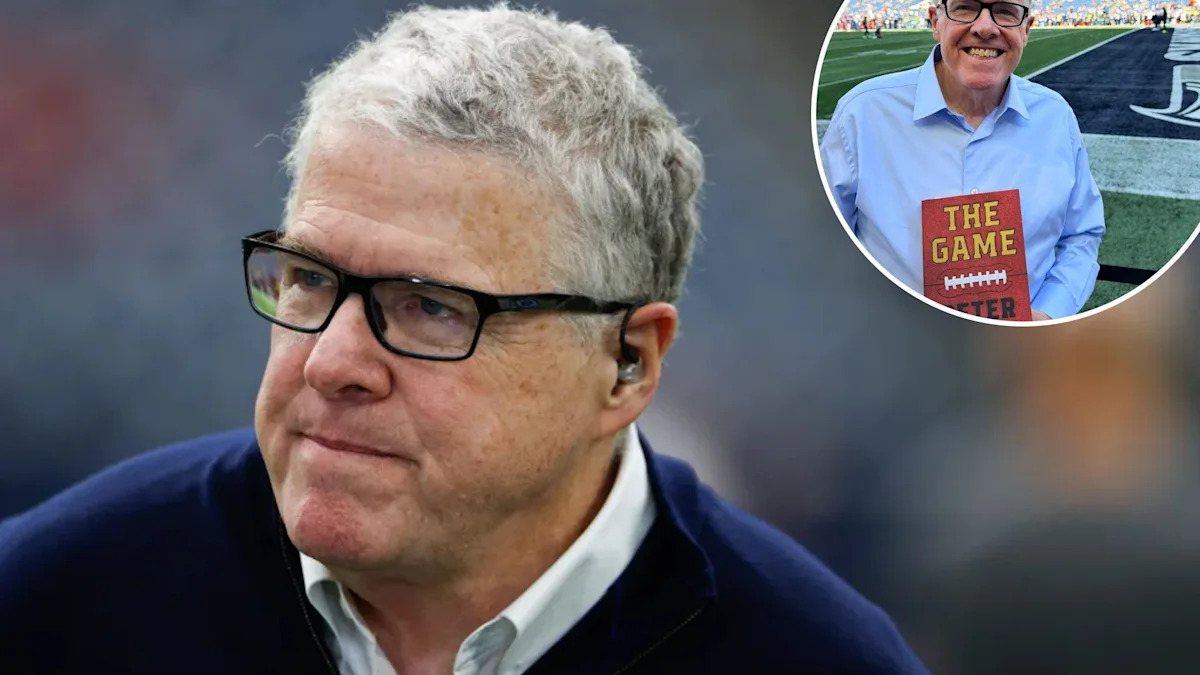 Montagem mostra Peter King no campo e segurando seu livro The Game.