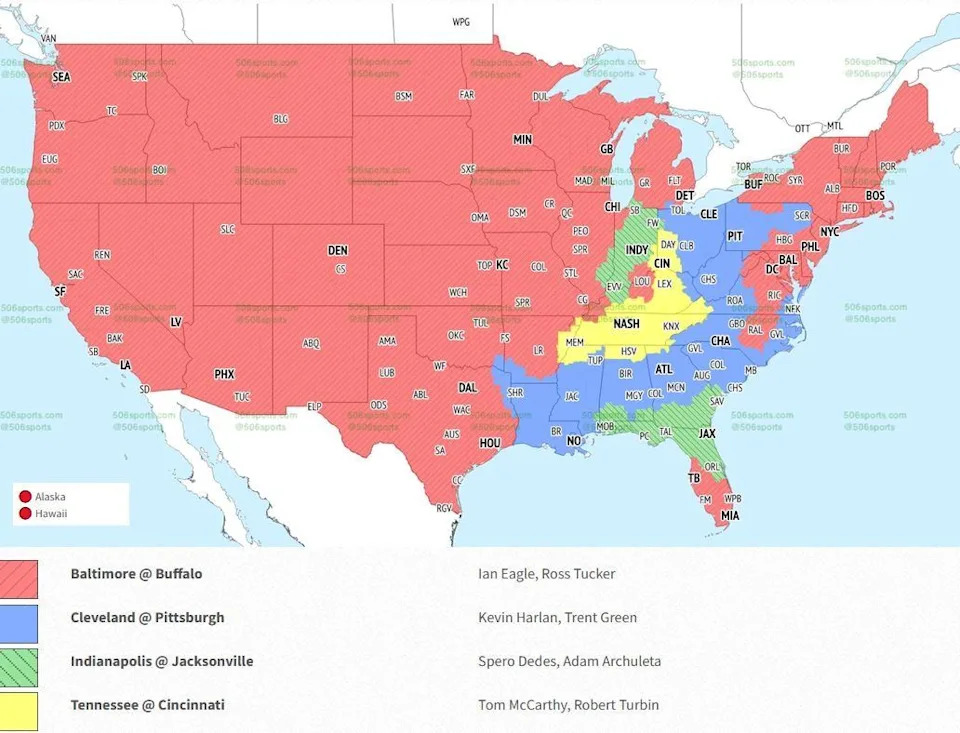 Mapa da cobertura regional da CBS nos Estados Unidos na faixa inicial de domingo da Semana 8; Browns x Steelers aparece em azul.