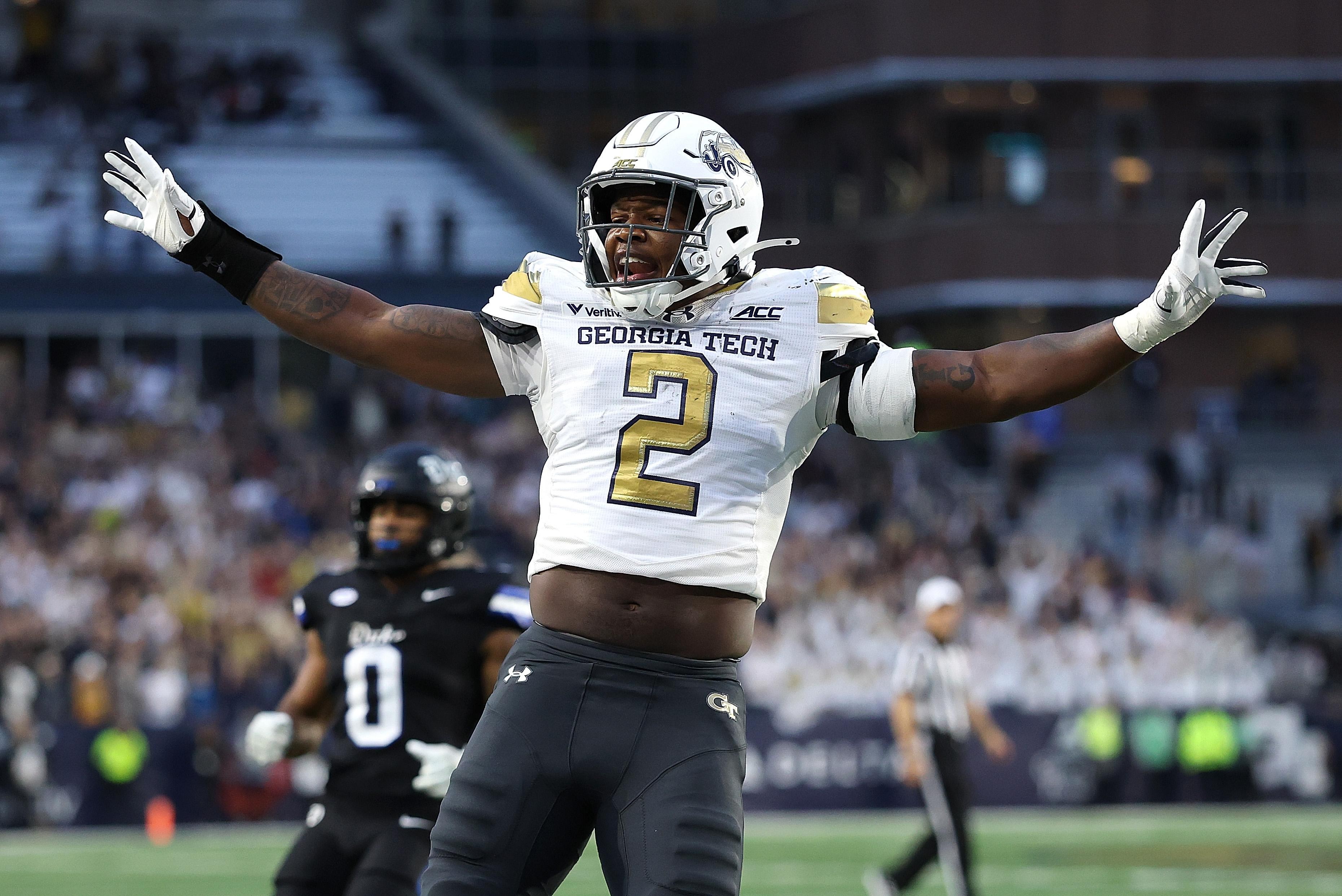 E.J. Lightsey comemora uma parada defensiva de Georgia Tech contra Duke em 10 de outubro de 2026.