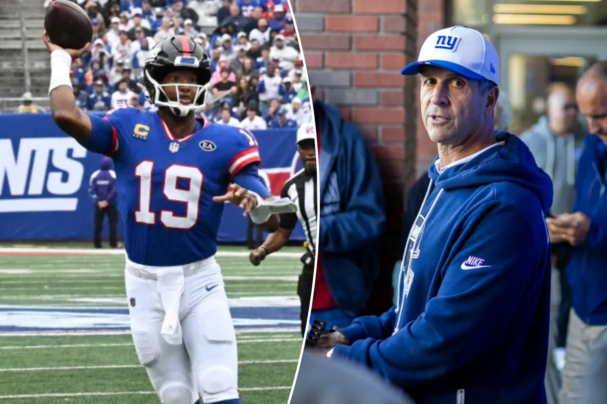 Jameis Winston e John Harbaugh, dos Giants, em montagem que acompanha a reportagem.