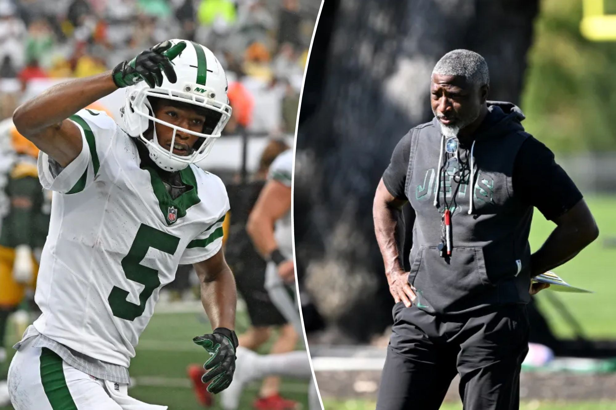 Garrett Wilson e Aaron Glenn, dos Jets, em montagem que acompanha a reportagem.
