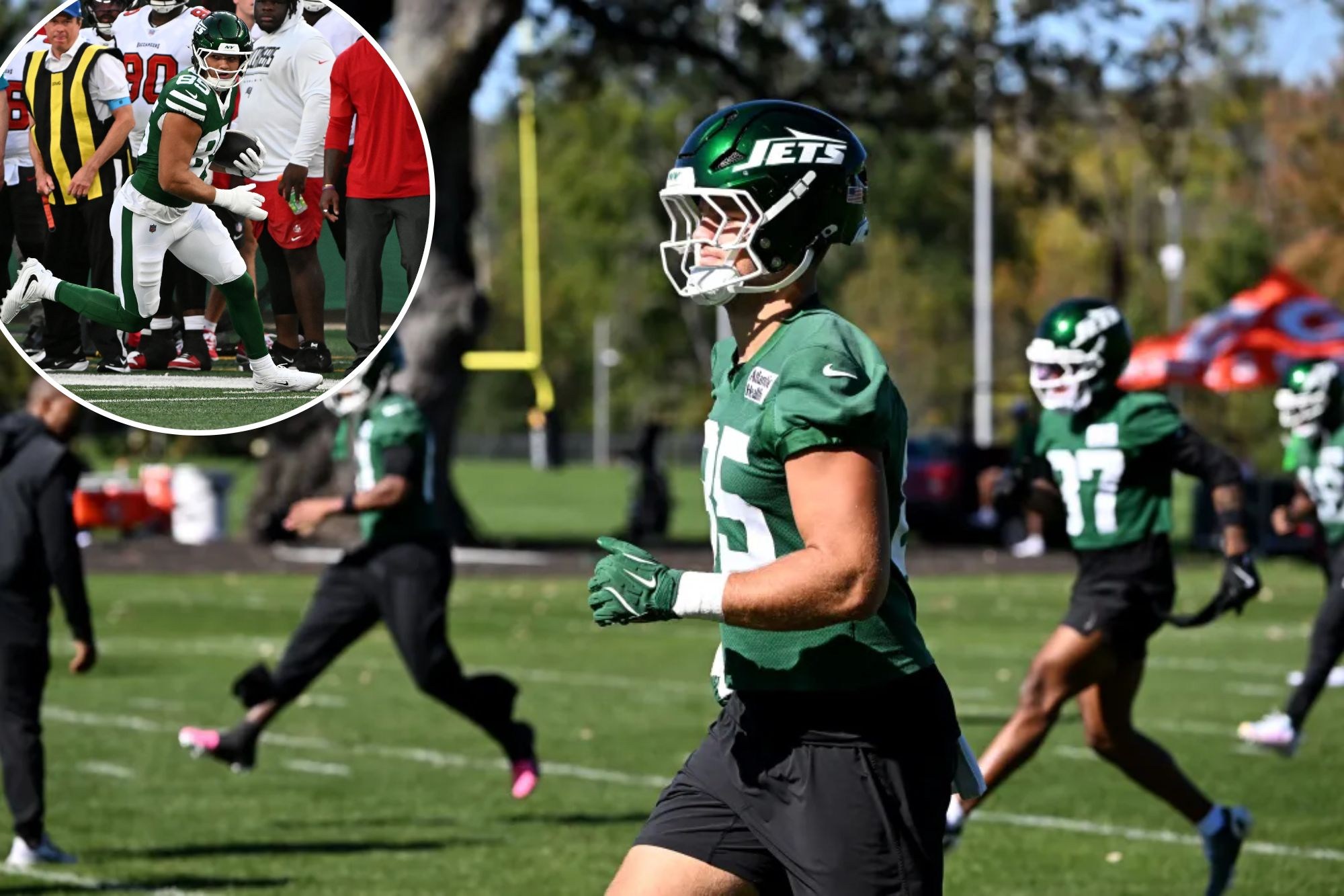 Mason Taylor durante treino dos Jets, antes de retornar de uma lesão no polegar.