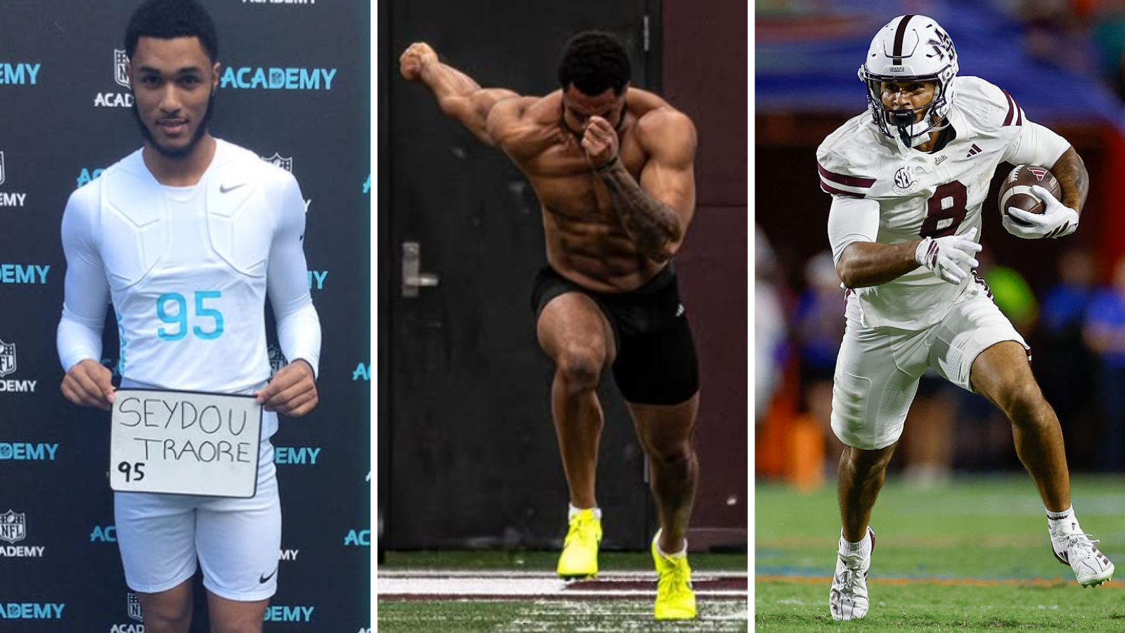 Trajetória de Seydou Traore: seletivas da NFL Academy em 2019, Pro Day em 2025 e atuação por Mississippi State.