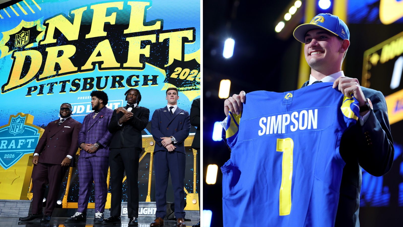 Palco do Draft em Pittsburgh durante a escolha do quarterback Ty Simpson pelo Los Angeles Rams.