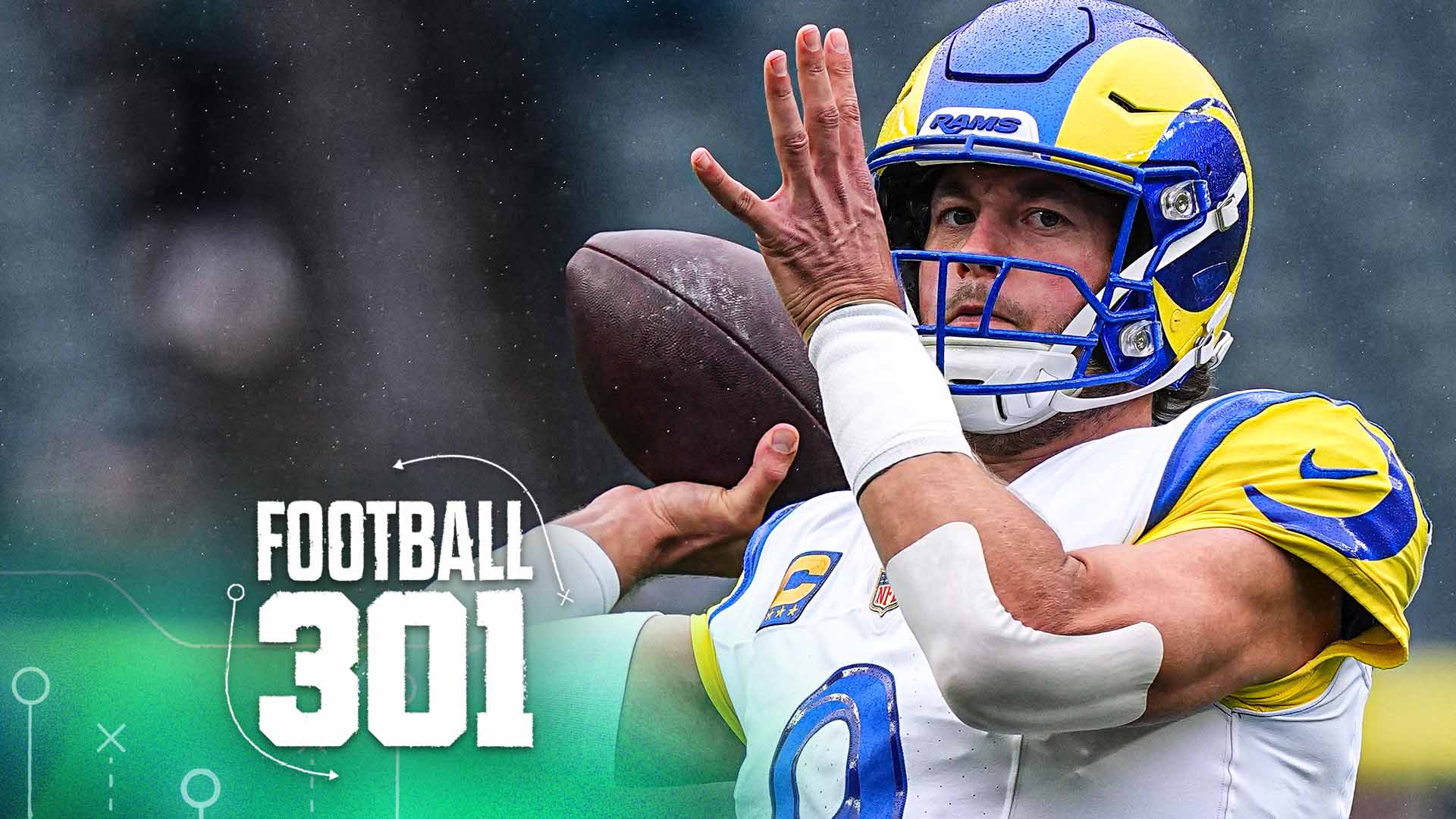 Matthew Stafford, dos Rams, em arte do programa Football 301; a foto foi feita antes do jogo contra os Eagles em 4 de outubro de 2026.