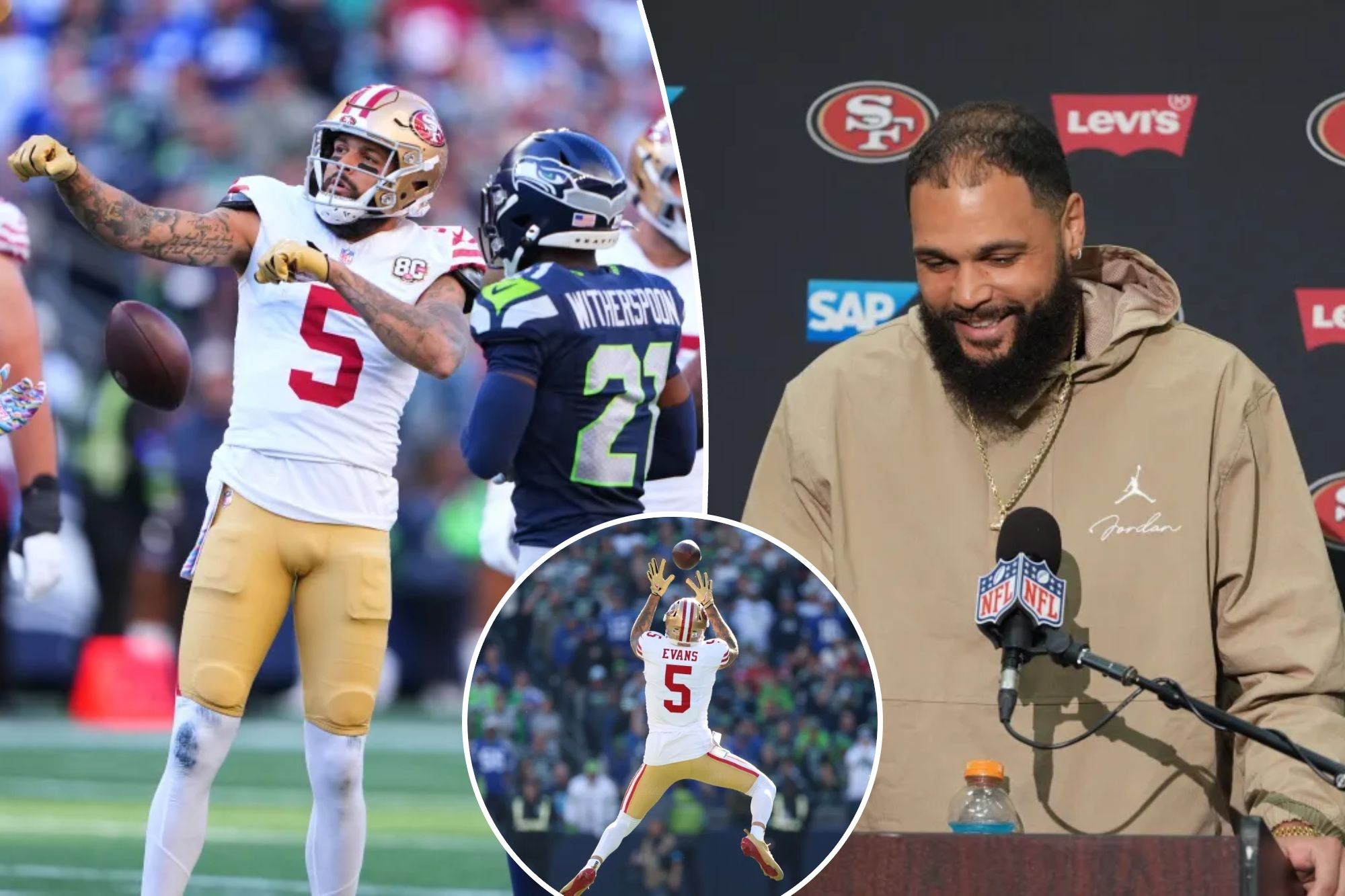 Montagem de Mike Evans em campo e na entrevista após a vitória dos 49ers sobre Seattle.