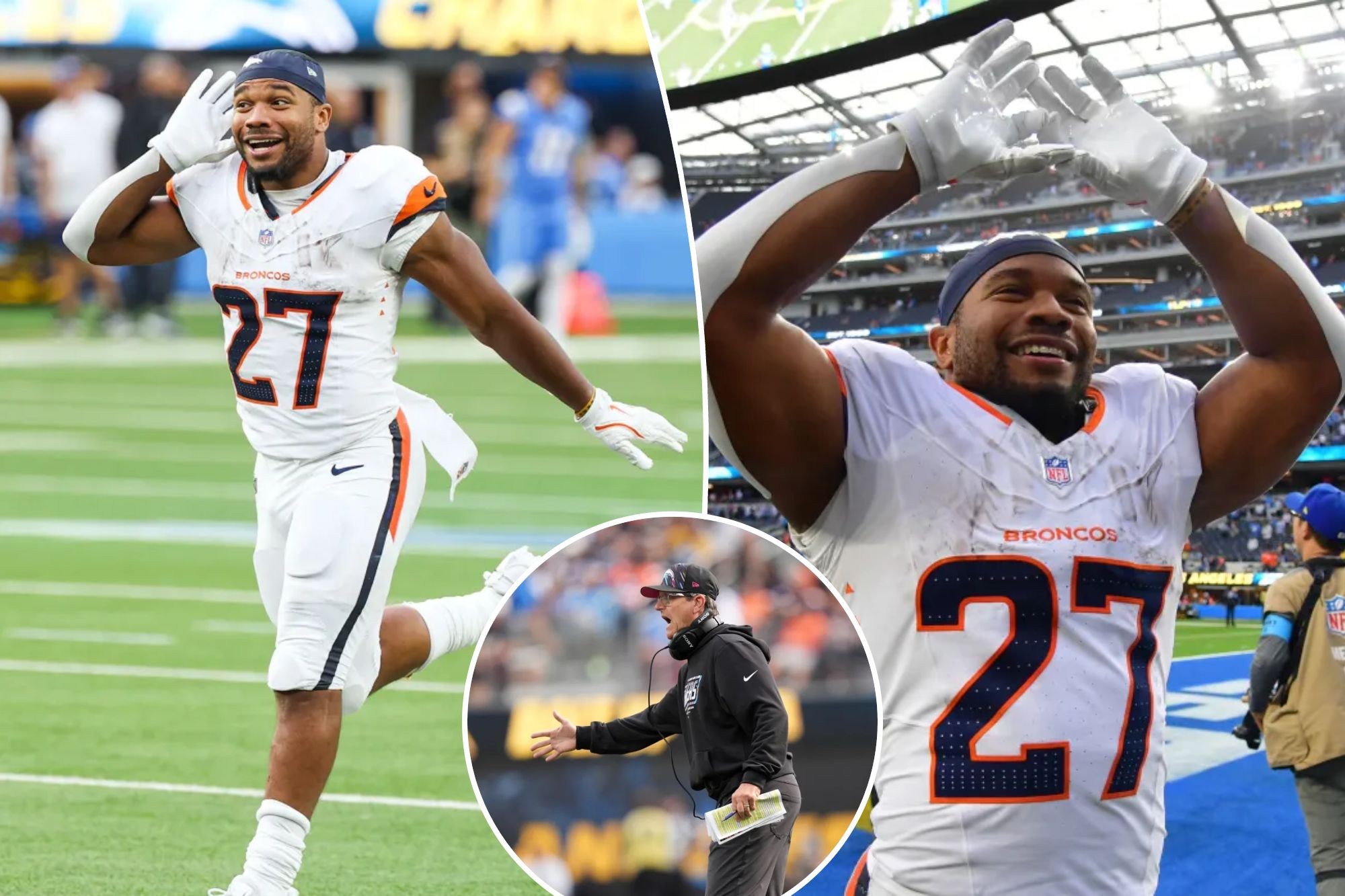 Montagem de J.K. Dobbins após a vitória dos Broncos sobre os Chargers.