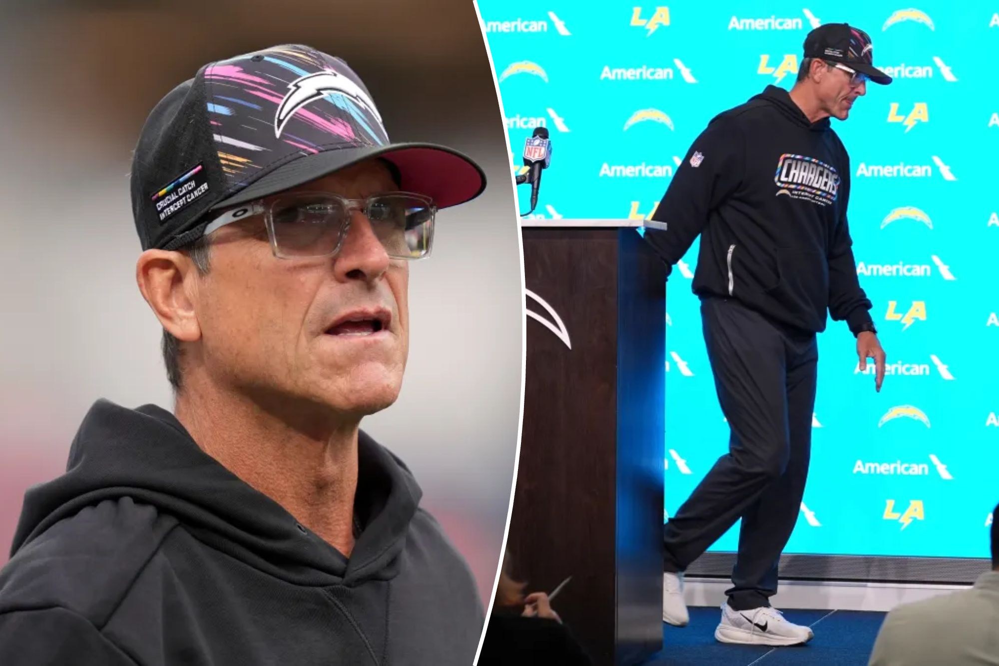 Montagem de Jim Harbaugh em campo e após a entrevista dos Chargers.