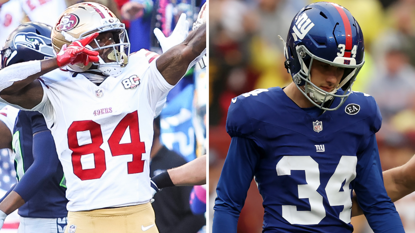 Montagem de Brandin Cooks comemorando e Dominic Zvada no banco dos Giants.
