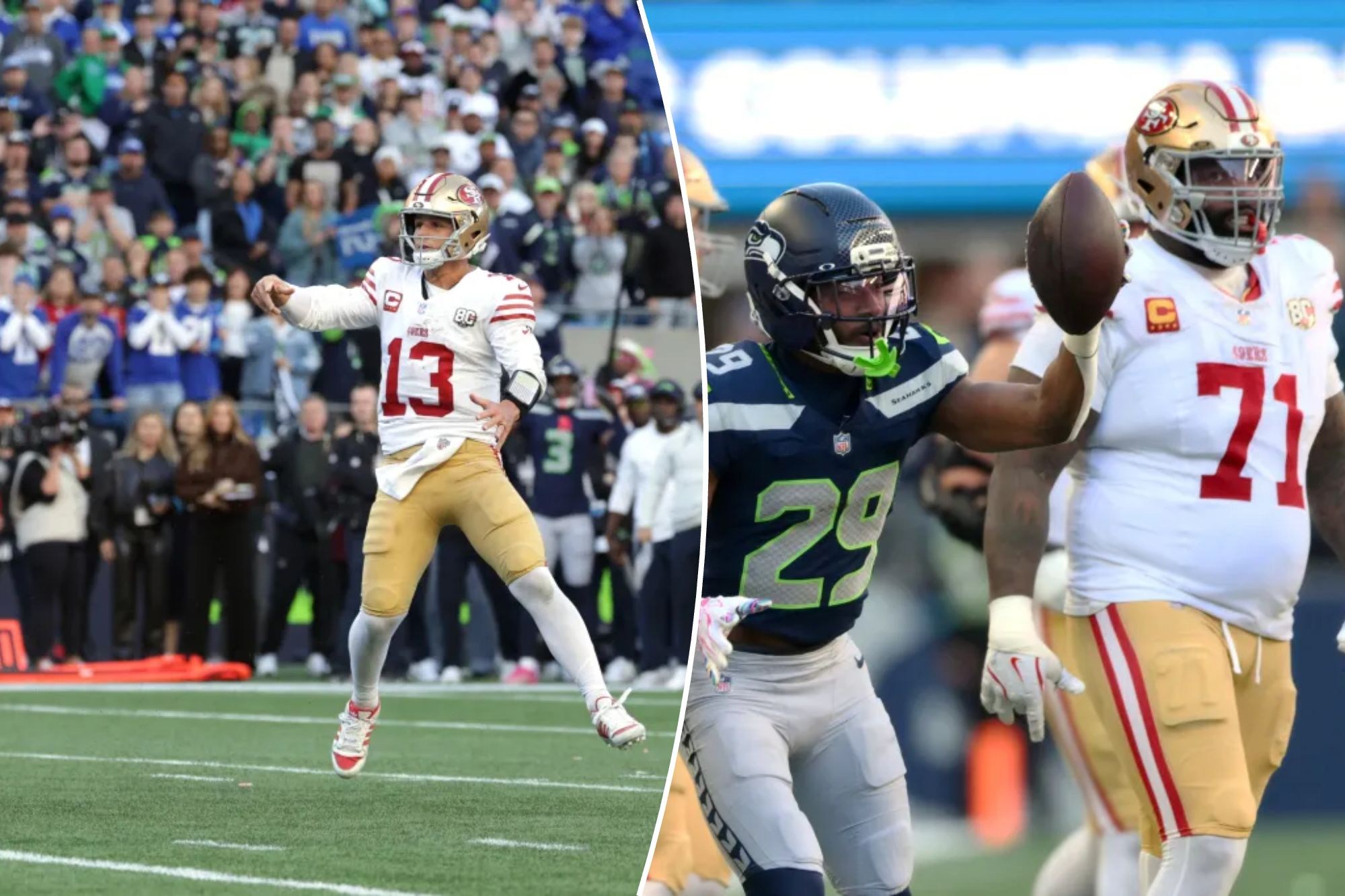 Josh Jobe comemora com a defesa dos Seahawks durante o confronto com os 49ers.