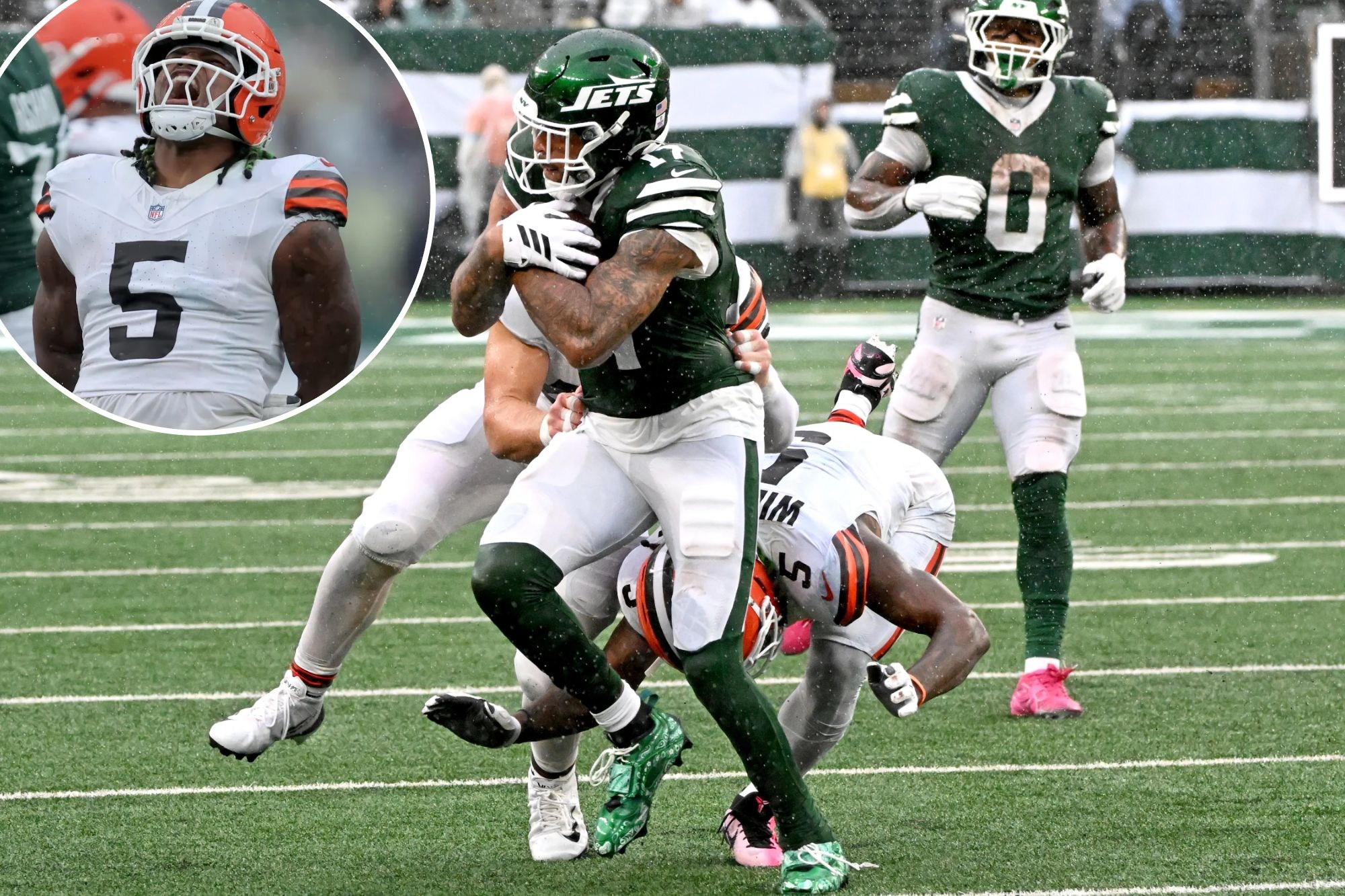 Montagem de Quincy Williams em ação pelos Browns contra seu antigo time, os Jets.