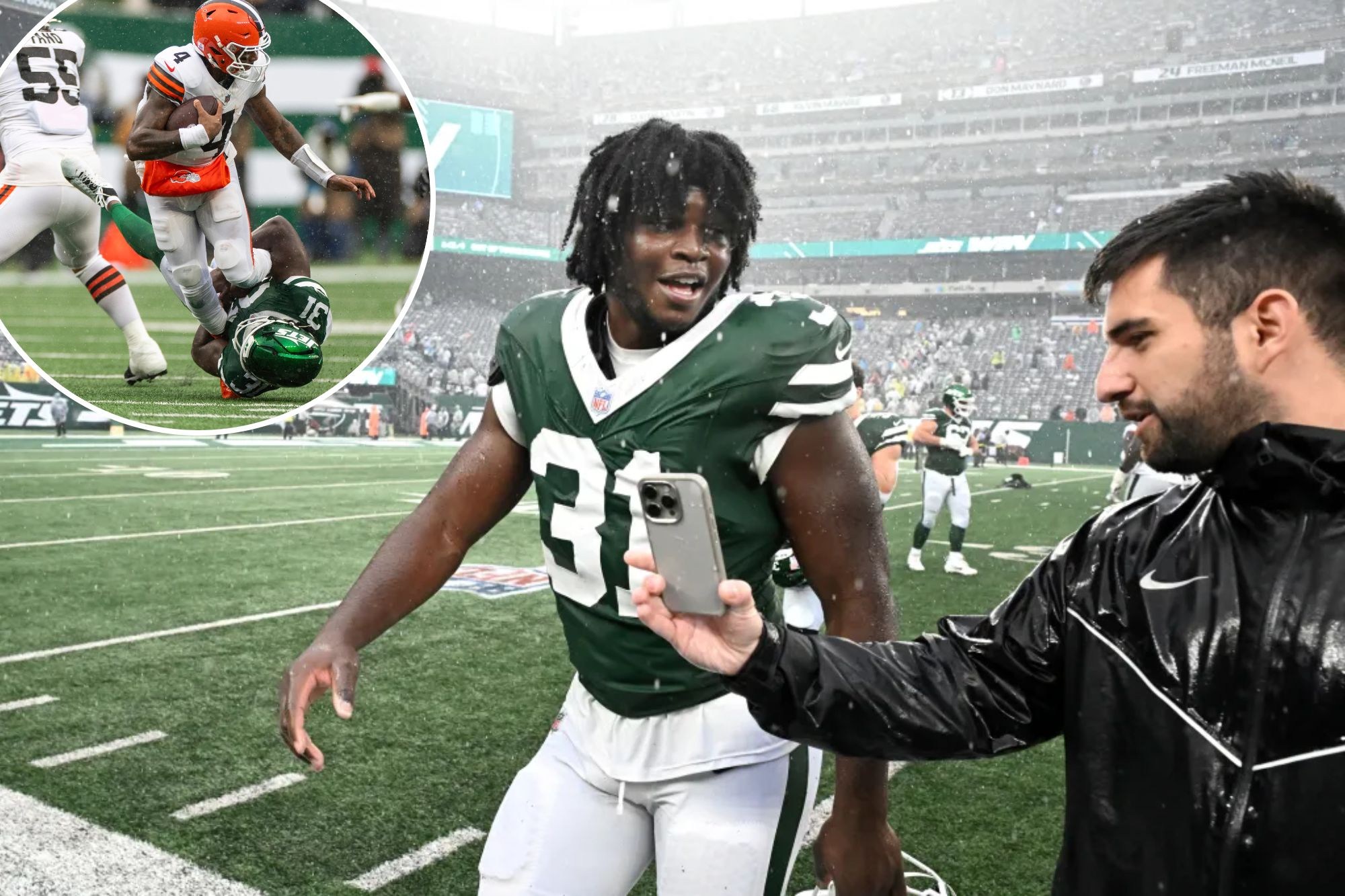 Montagem de David Bailey após a vitória dos Jets e durante um sack sobre Watson.