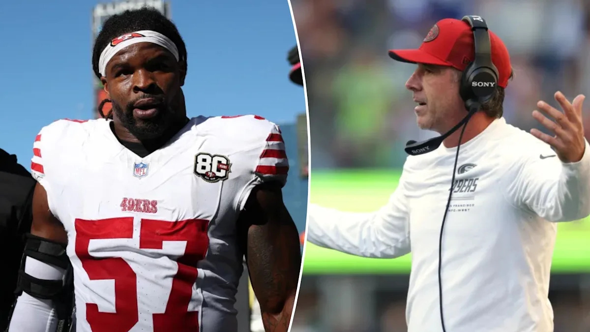 Montagem com Dre Greenlaw e Kyle Shanahan, do San Francisco 49ers.