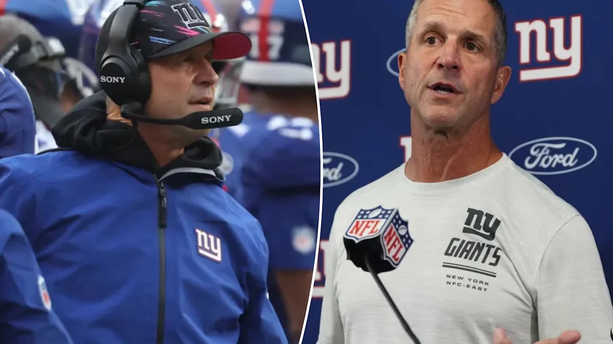 John Harbaugh durante partida e entrevista como técnico dos Giants.