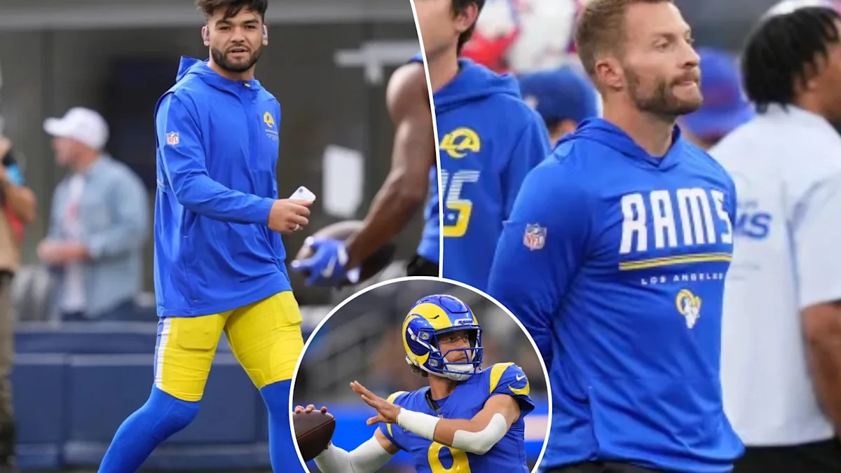 Montagem com Puka Nacua, Sean McVay e Matthew Stafford, dos Rams.
