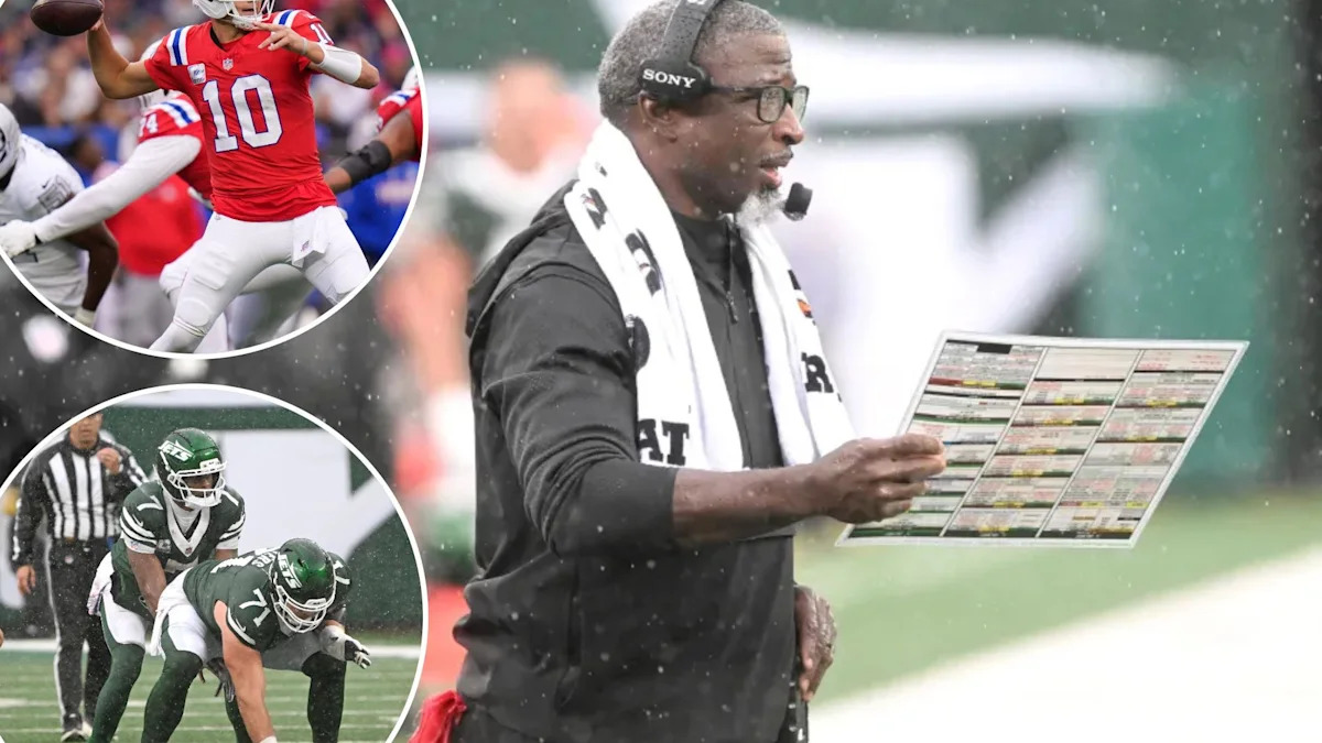 Montagem com Aaron Glenn, Drake Maye e Geno Smith antes de Jets x Patriots.